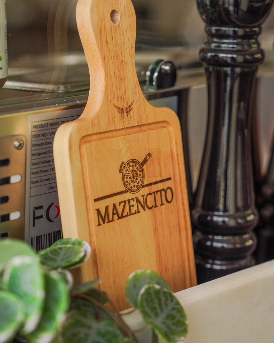 Mazencito Pizzeria branded wooden board
