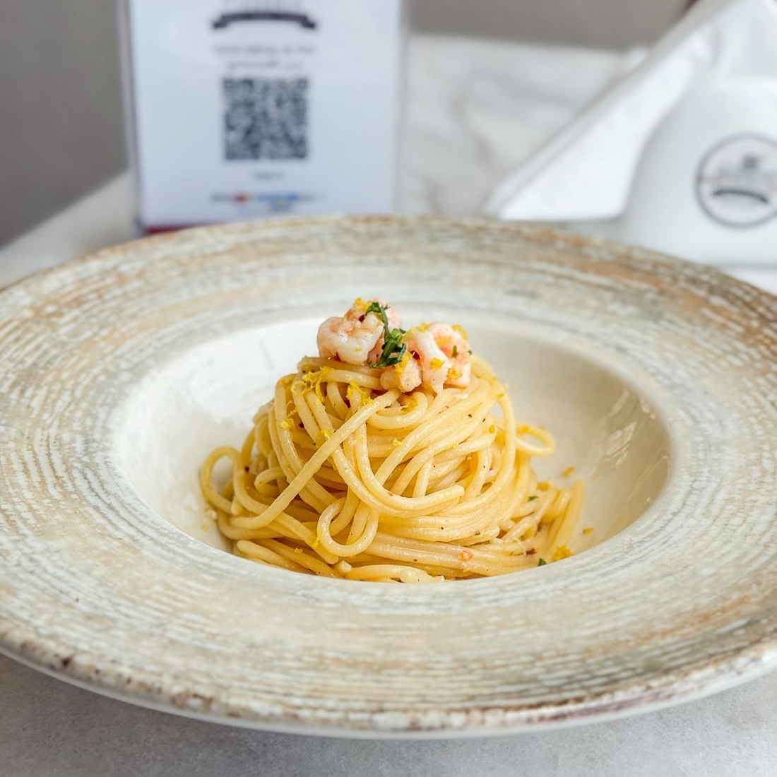 Spaghetti with shrimp and lemon zest at Mazencito Pizzeria