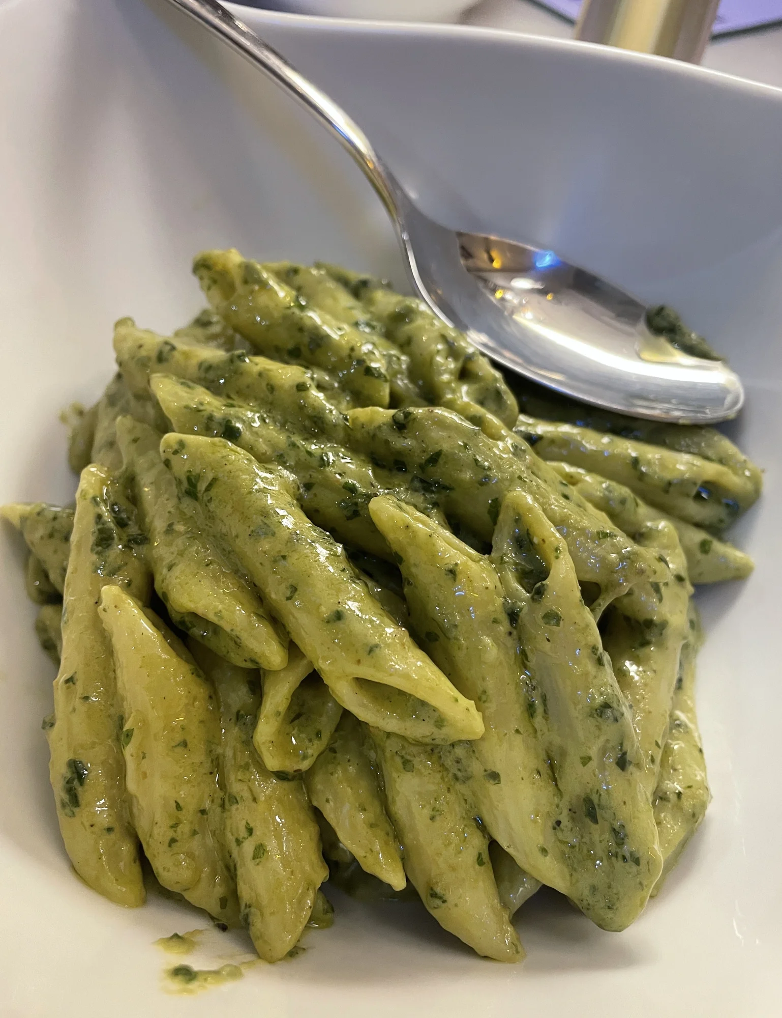 Penne pasta tossed in fresh basil pesto